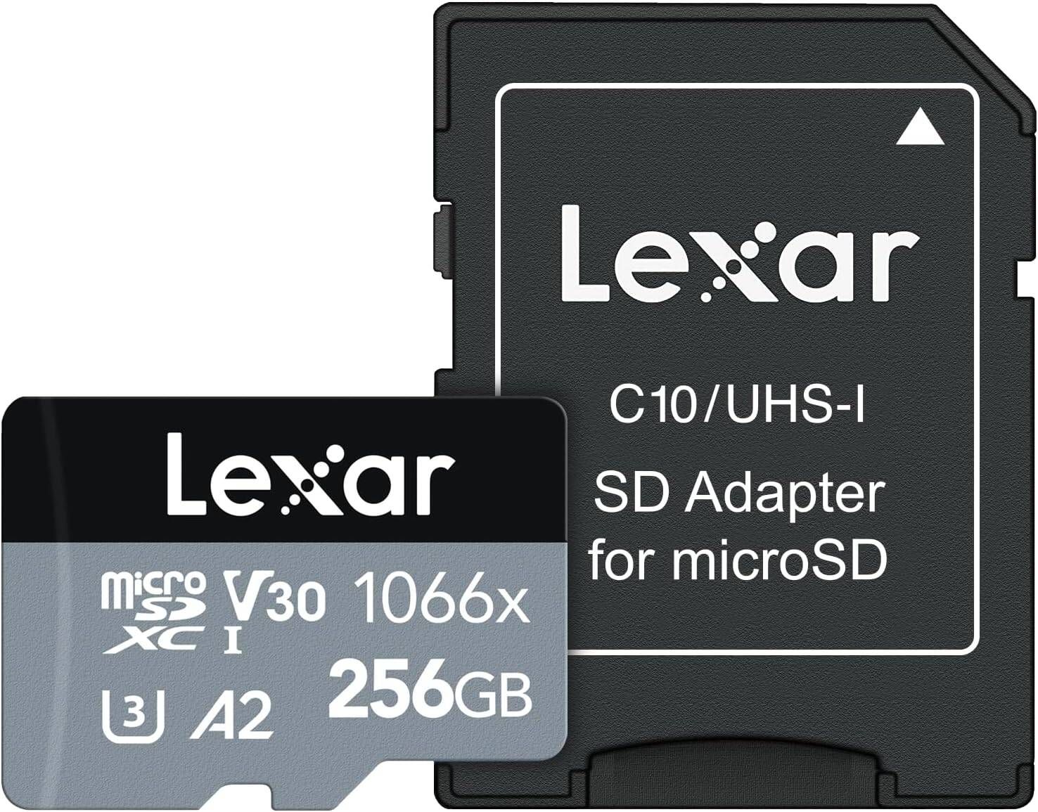 Lexar 256GB Professional 1066x micro SD Card w/SD Adapter, UHS-I, U3, V30, A2, Full HD, 4K, Up to 160/120 MB/s, for Action Cameras, Drones, Smartphones, Tablets, Nintendo-Switch (LMS1066256G-BNANU)